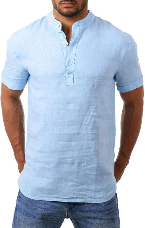 Camisa De Manga Corta De Algod N Y Lino Para Hombres Cuello Alto Casual