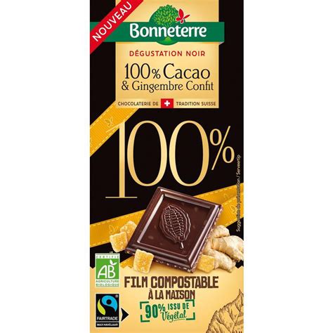 Tablette De Chocolat 100 Cacao Et Gingembre Confit Bio Bonneterre 90 G