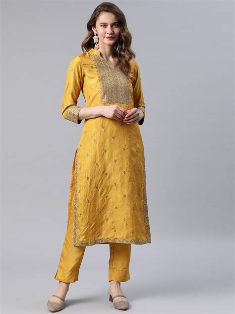 Cottinfab Women Mustard Yellow Ethnic Motifs Embroidered Sequinned Kur