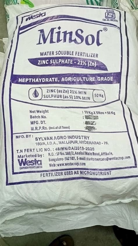 Packaging Size 50kg Minsol Zinc Sulphate Water Soluble Fertilizer For