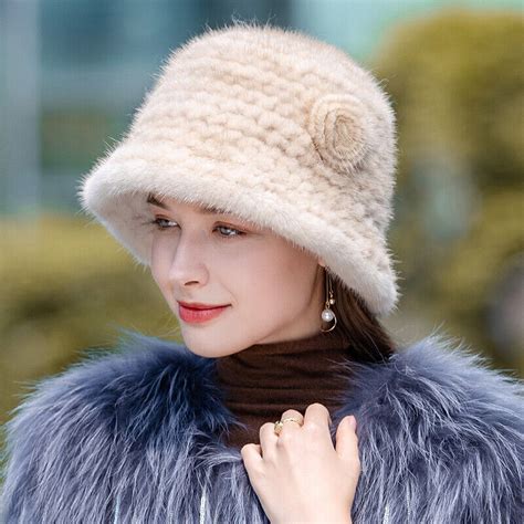 Womens Real Mink Fur Hat Knitted Bucket Hat Winter Cap Beanies Outdoor