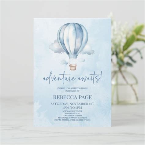 Adventure Awaits Blue Hot Air Balloon Baby Shower Invitation Zazzle