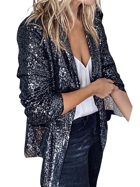 Women Sequin Shiny Open Front Blazer Evening Party Sparkly Long Sleeve