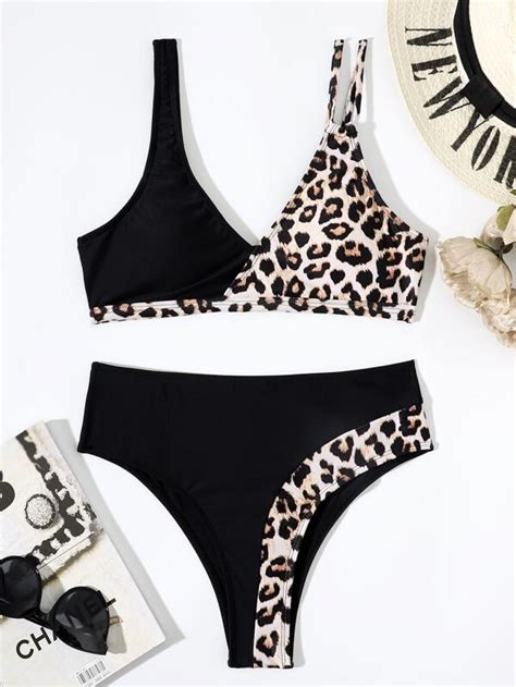 Conjunto De Bikini De Leopardo Top Sin Aros Con Hombros Recortados Y