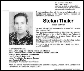 Traueranzeigen Von Stefan Thaler Trauer Bz