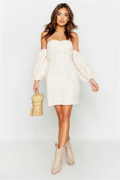 Womens Gingham Sweetheart Off The Shoulder Mini Dress Boohoo Uk