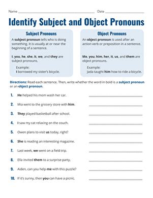 Identify Subject And Object Pronouns Interactive Worksheet