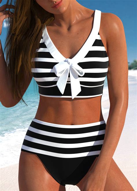 Bowknot High Waisted Striped Black Bikini Set Modlily Usd