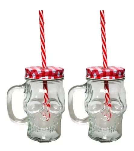 Set 2pz Tarros Cerveceros Calavera Vidrio Vaso Popote Craneo Meses