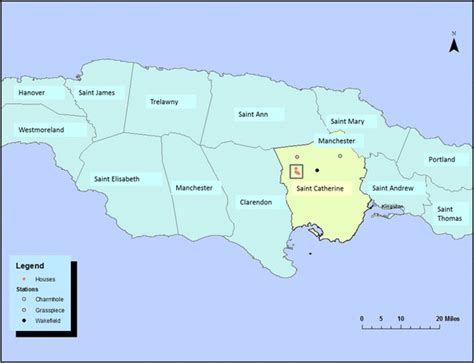 Map of Jamaica showing the 14 parishes and the location of the weather ...