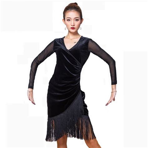 Womens Black Velvet Tassels Latin Dance Dresses Salsa Rumba Chacha