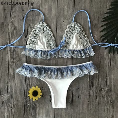 Lace Bikini Hanging Neck Swimwear Women Ruffled Swimsuit Bowknot