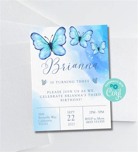 Butterfly Invitation, Blue Butterfly Invitation Birthday Party Digital ...