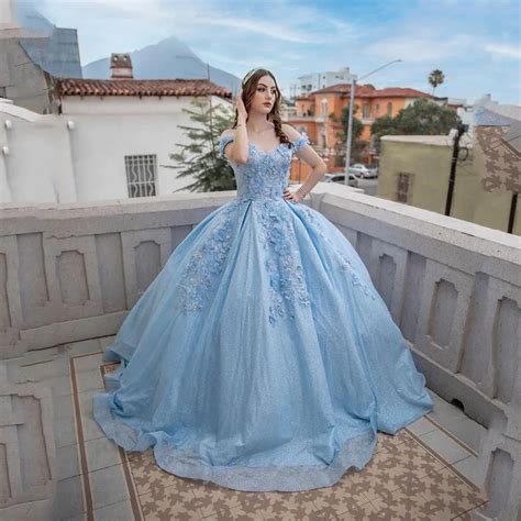 Robes De Quinceanera Bleu Ciel Robe De Bal Corset Perl E Fleurs D