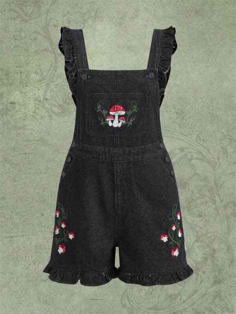 Romwe Fairycore Mushroom Embroidery Ruffle Trim Denim Dungaree Romper