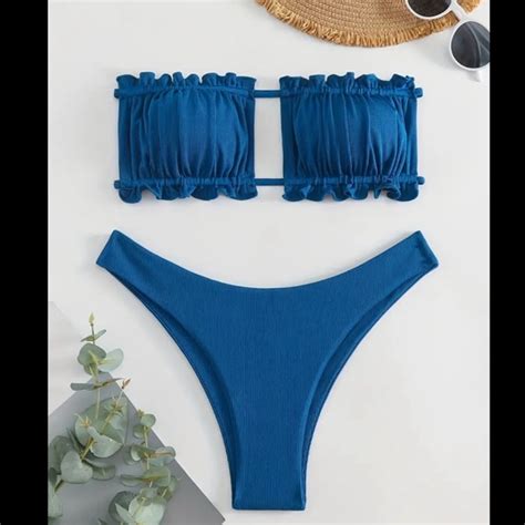 Swim Bandeau Strapless Stretchy Tie Back Bikini Set Royal Blue Bikini