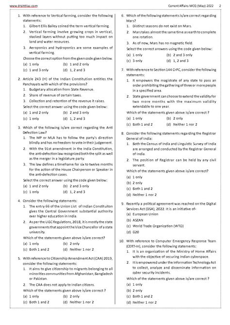 Drishti Ias Current Affairs Mcq Quiz Consolidation May Part I Ii