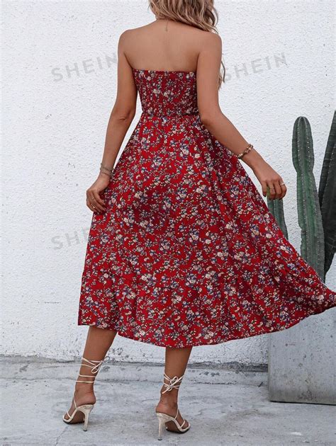 SHEIN LUNE Ditsy Floral Print Ruffle Hem Tube Dress SHEIN USA