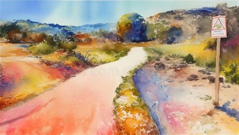 Watercolor of a Landscape with a Sign and a Road Stock Illustration ...