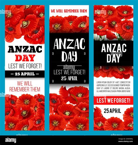 Poppy Flower Banner For Anzac Remembrance Day 25 April Lest We Forget Memorial Card Design With