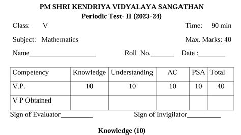 Class Maths Pt Exam Qestion Paper Kv Cbse Periodic Test