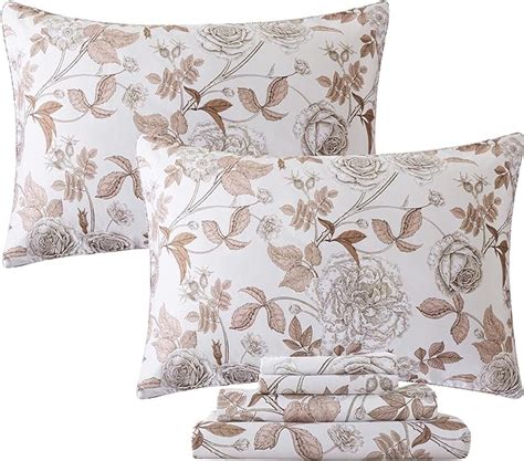 Fadfay Sheets Set King Vintage White And Brown Floral Bedding Elegant