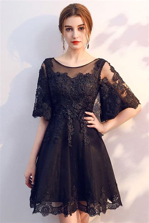 Black Lace Short Homecoming Dress Sheer Neckline With Sleeves 68 53