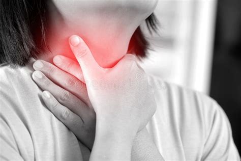 Sore Throat Pain Closeup Of Young Woman Sick Holding Her Inflamed