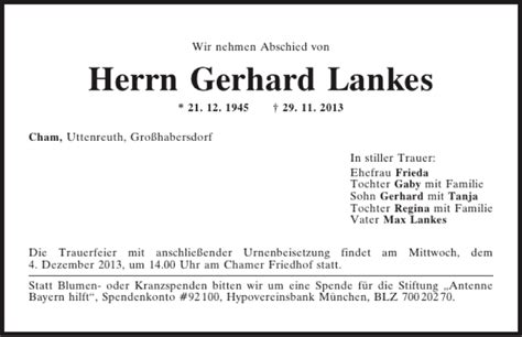 Traueranzeigen Von Cham Gerhard Lankes Mittelbayerische Trauer