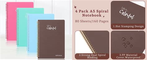 Songaa 4 Pack Spiral Notebook A5 Size College Ruled Spiral Notebook