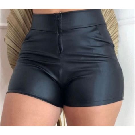 Shorts cintura alta couro fake Cirrê feminino lançamento Shopee Brasil