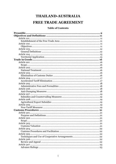 THAILAND AUSTRALIA FREE TRADE AGREEMENT FTA