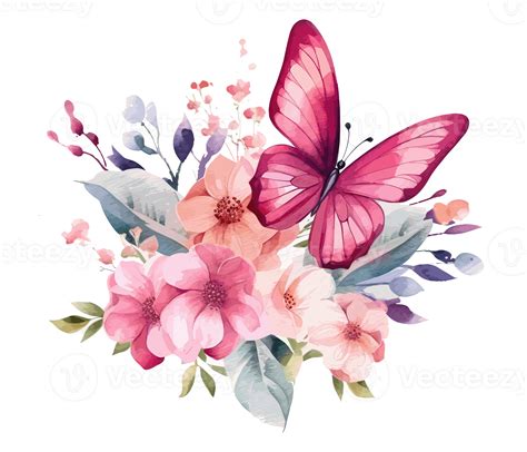 Watercolor Colorful Butterfly And Flower Png