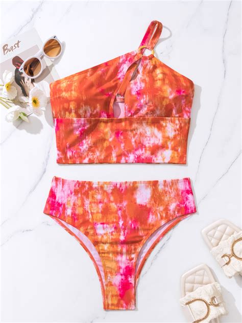 Bañador bikini de tie dye con abertura de un hombro de talle alto