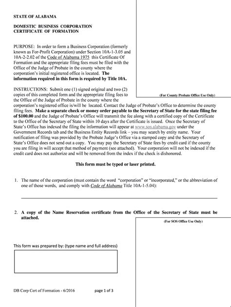 Fillable Online Sos Alabama Domestic Business Corporation Certificate