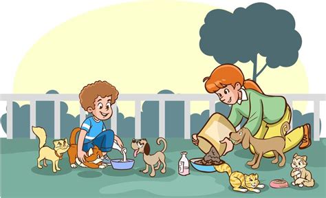 Premium Vector Mother And Kids Feeding Stray Animals Cartoon Vector