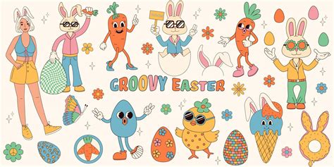 Groovy Hippie Happy Easter Set Easter Bunny Eggs Butterflies Cupcakes Chickens Set Of