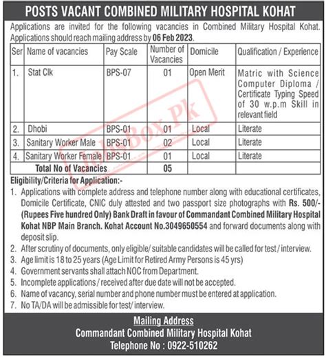 Combined Military Hospital Cmh Kohat Jobs 2023