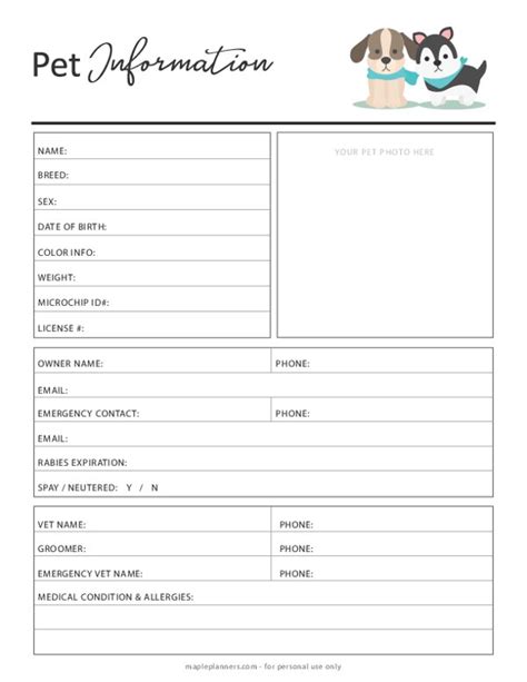 Downloadable Printable Pet Information Sheet Template Printable