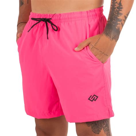 Short Praia Elastano Rosa Pink Neon Liso Masculino Premium Chieregato