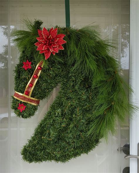 Gorgeous Horse Themed Christmas Wreath Made Of Artificial Pine Ribbon