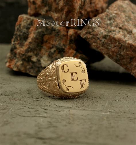 Initial Yellow Gold Mens Signet Ring Caduceus Gold Etsy