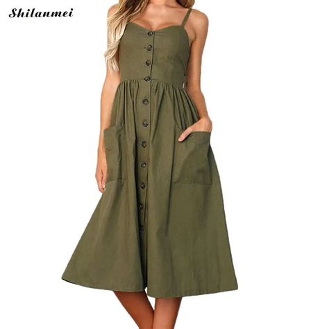 Casual Button A Line Midi Dress Summer Army Green Cami Dresses