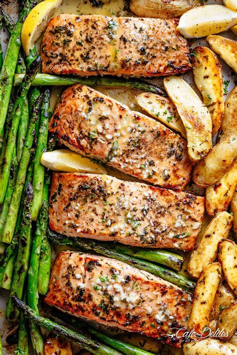 Sheet Pan Garlic Butter Baked Salmon With Crispy Potatoes Asparagus And A Garlic Butter Sauce