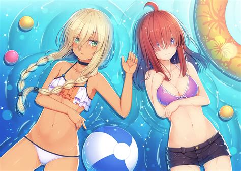 Wallpaper Illustration Redhead Blonde Long Hair Anime Girls Blue