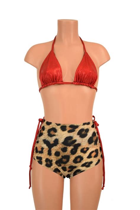 2PC Reversible Triangle Slide Bikini Top In Red Sj Leopard Etsy