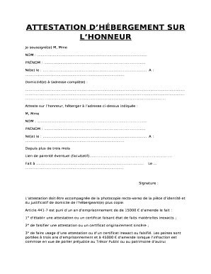 Fillable Online ATTESTATION D H BERGEMENT SUR L HONNEUR Fax Email Print