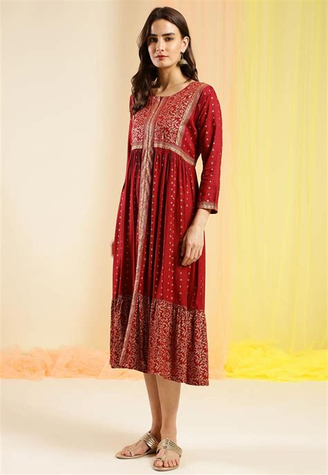 Buy Foil Printed Rayon Aline Kurta In Maroon Online TKB573 Utsav