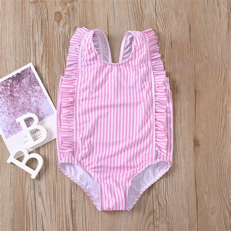 Uublik Summer Clearance One Piece Swimsuit For Girls Striped Print Swimwear Ruffle Bikini Pink