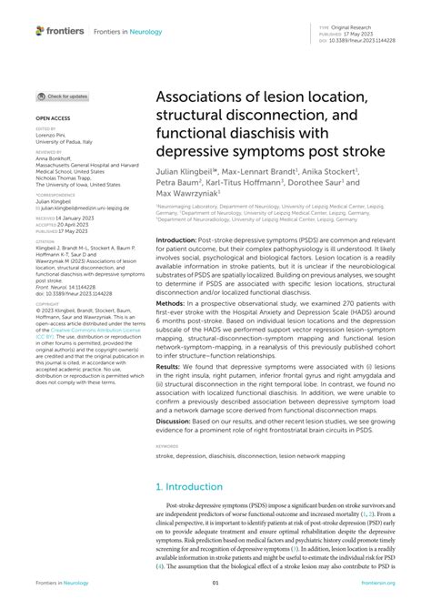 Pdf Associations Of Lesion Location Structural Disconnection And